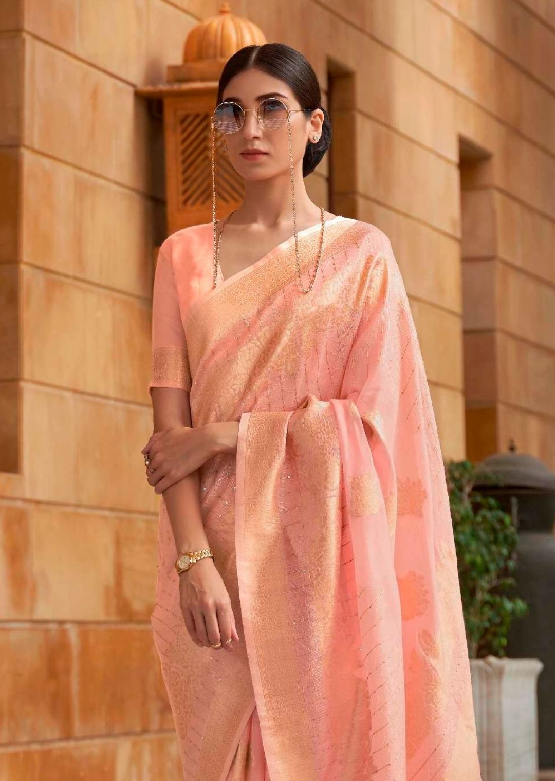 Peach Zari Woven Pure Handloom Linen Saree