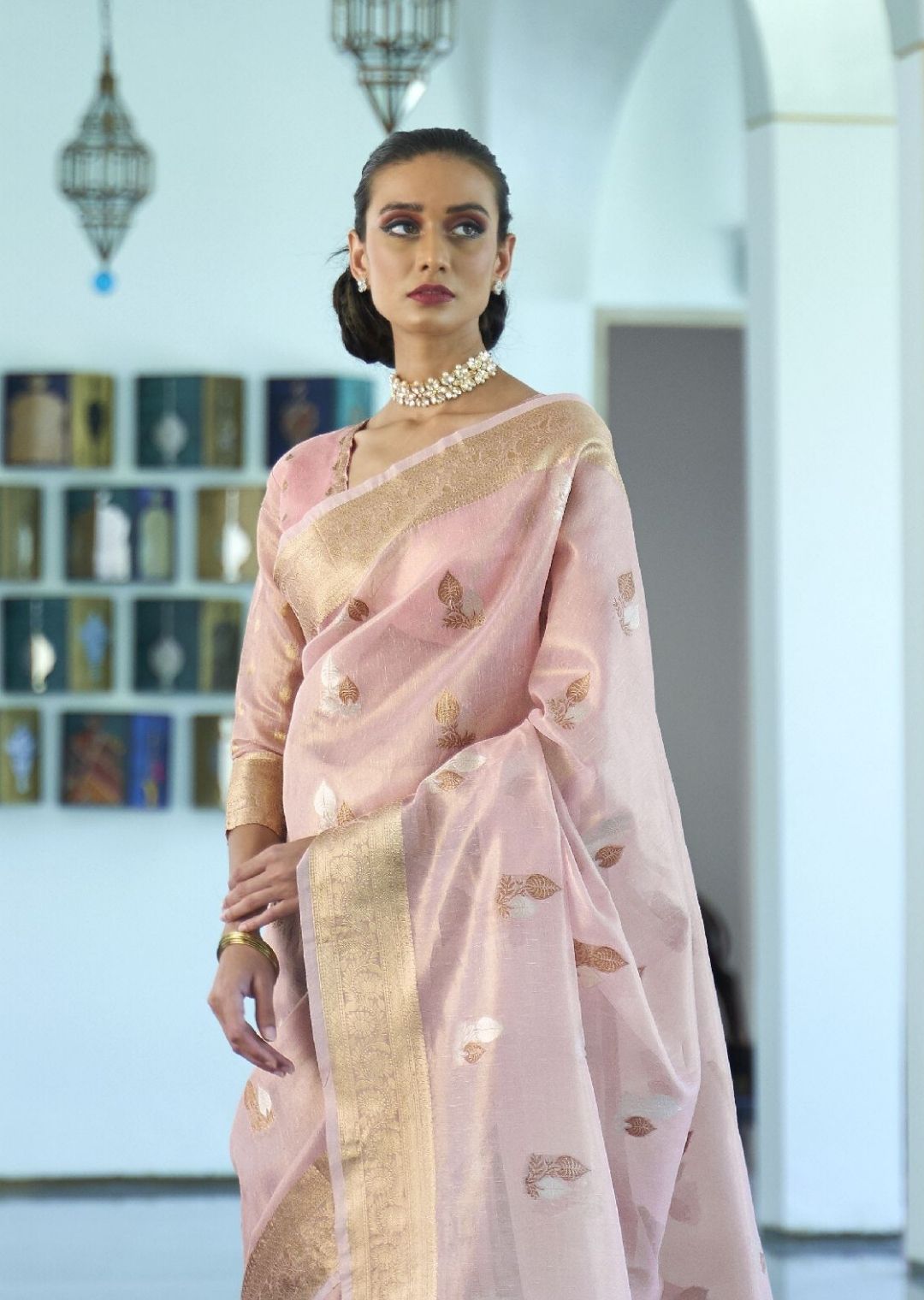 Blossom Pink Hand Woven Organza Tissue Silk Saree