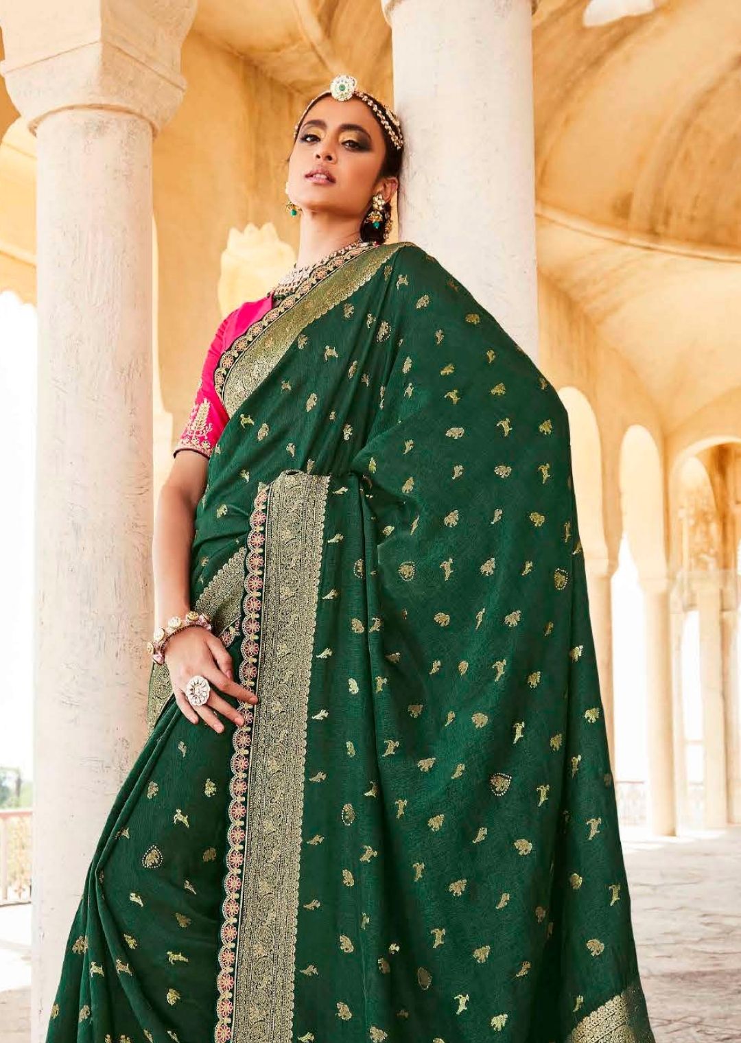 Bottle Green Woven Exclusive Designer Banarasi Silk Saree With Embroidered Silk Blouse
