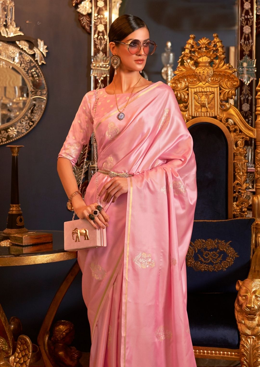 Powder Blush Pink Woven Pure Satin Silk Saree