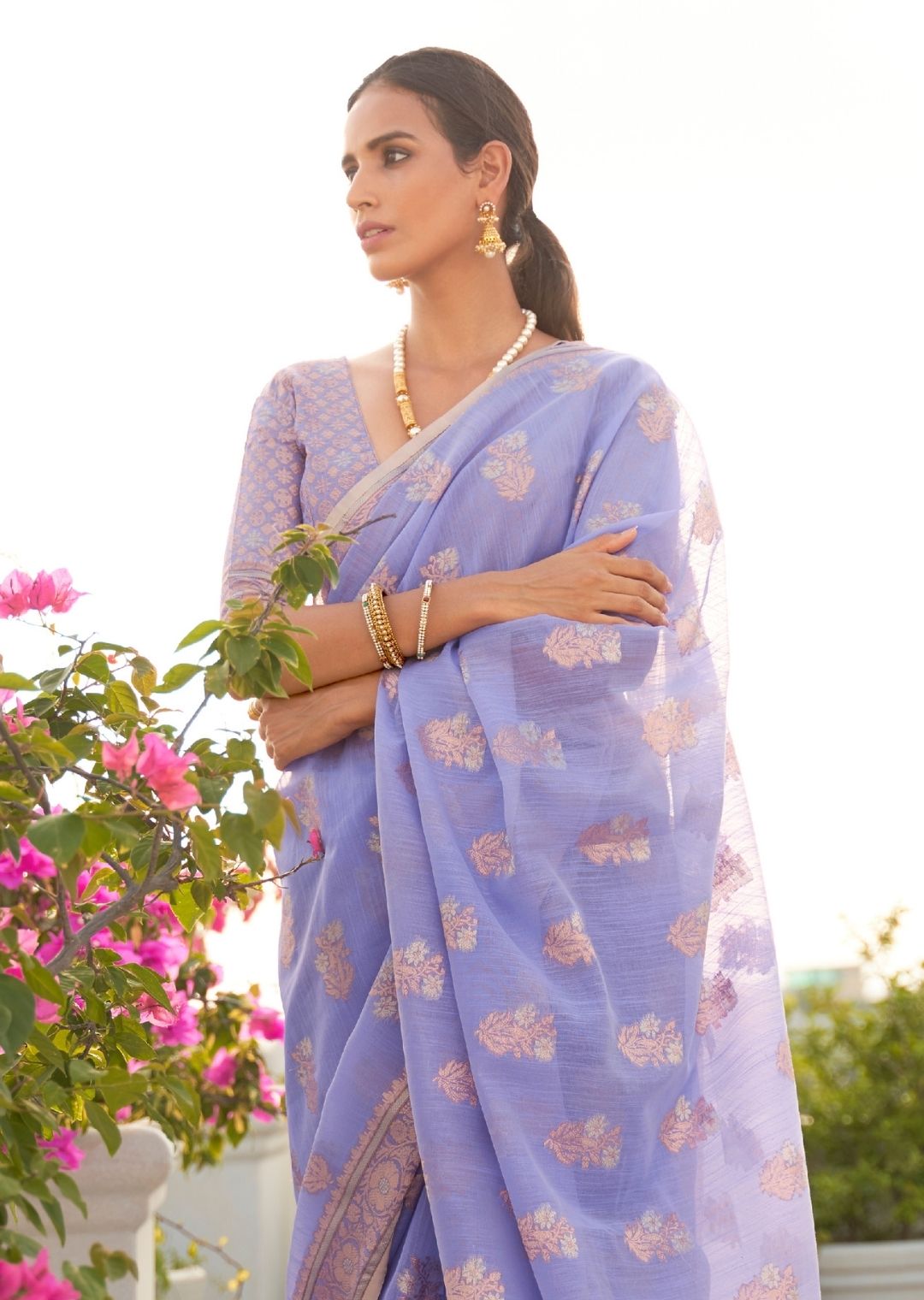 Lavender Purple Zari Woven Pure Handloom Linen Saree