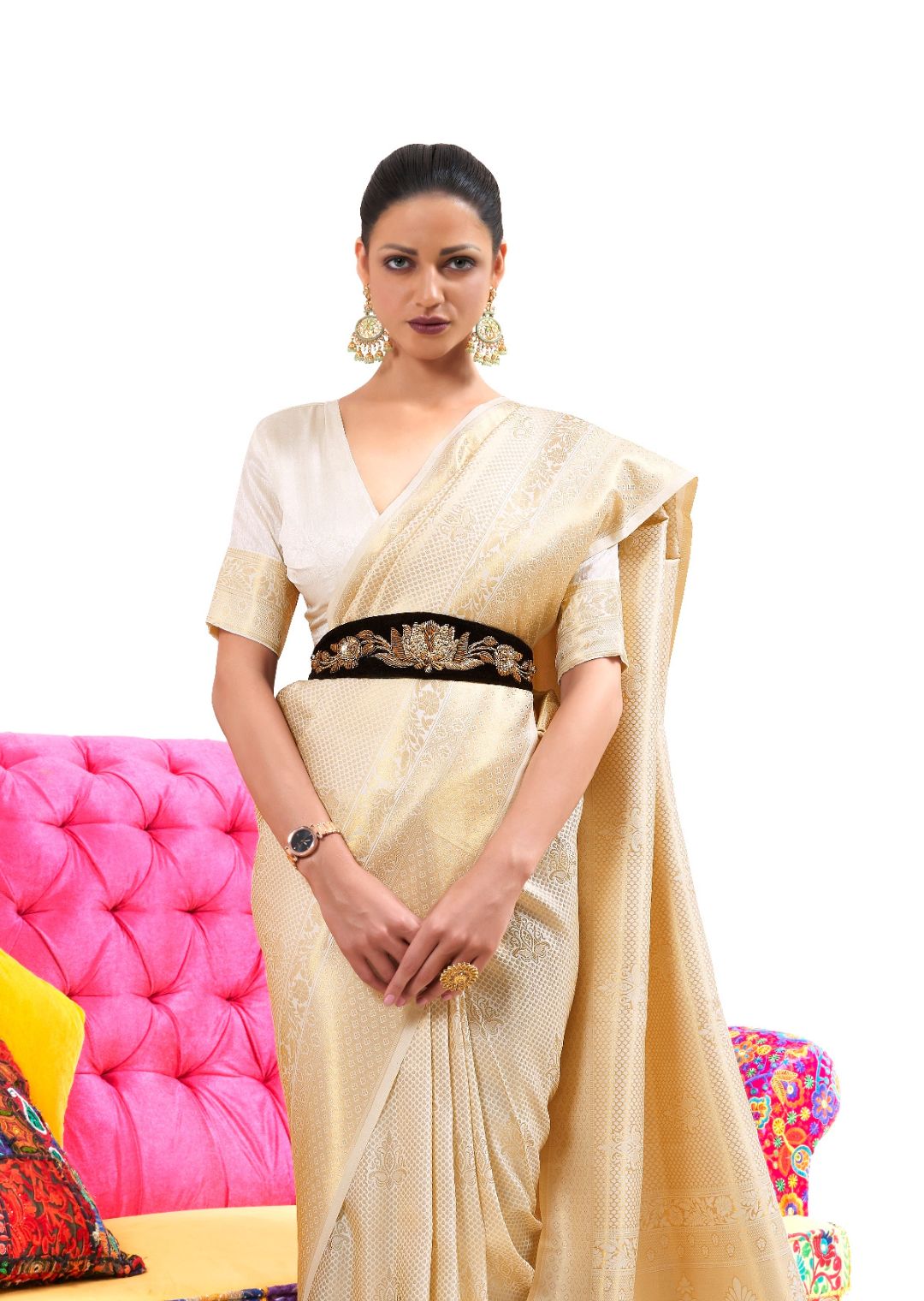 White Gold Hand Woven Kanjivaram Silk Saree