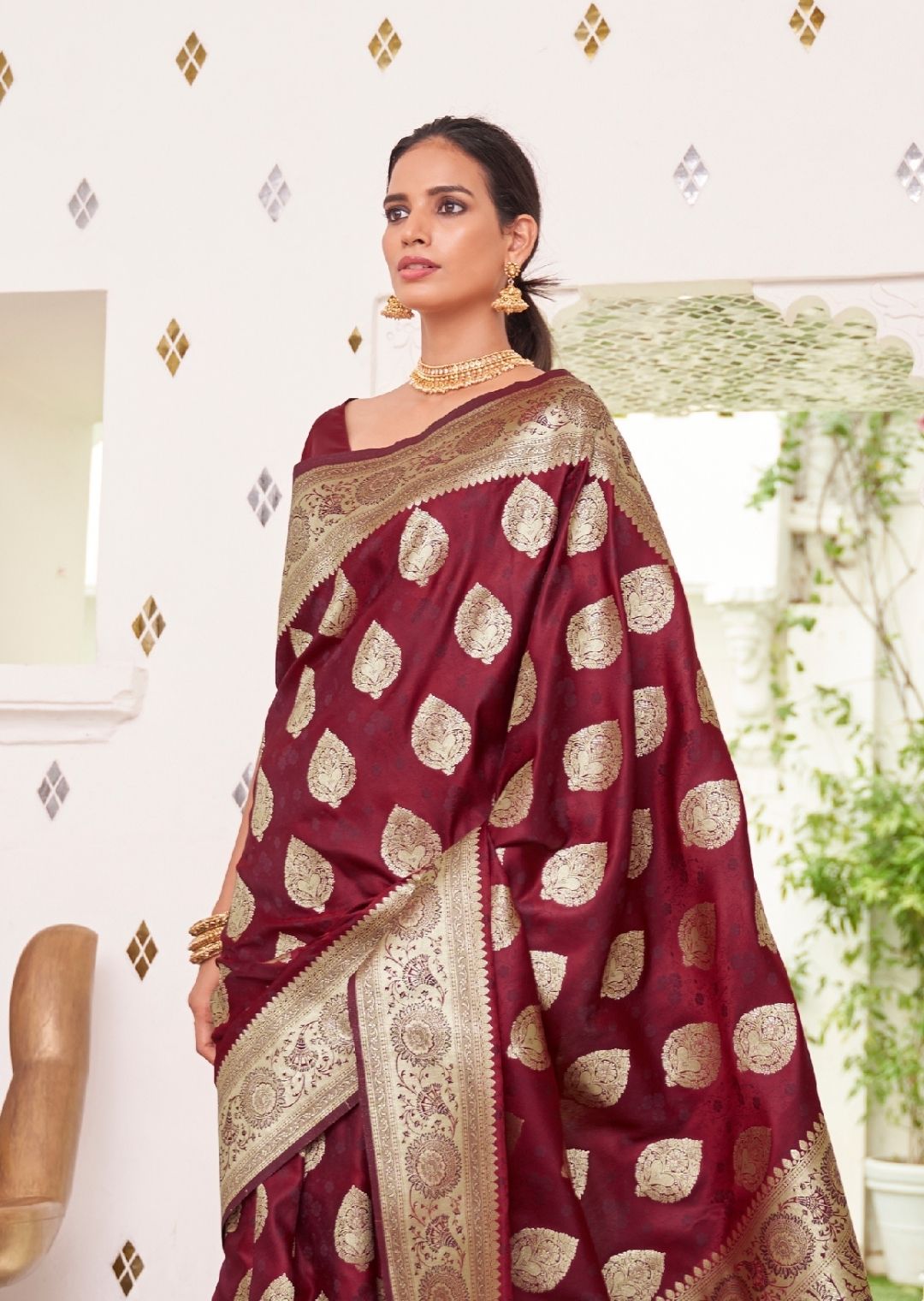 Maroon Red Woven Pure Satin Banarasi Silk Saree