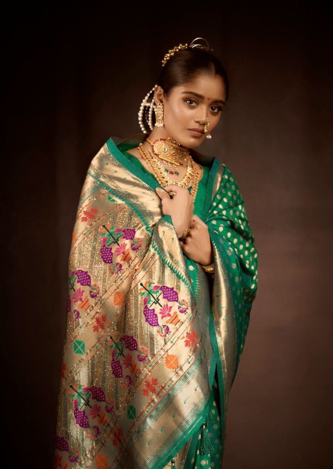 Green Zari Woven Traditional Peshwai Paithani Silk Saree With Swarovski Work