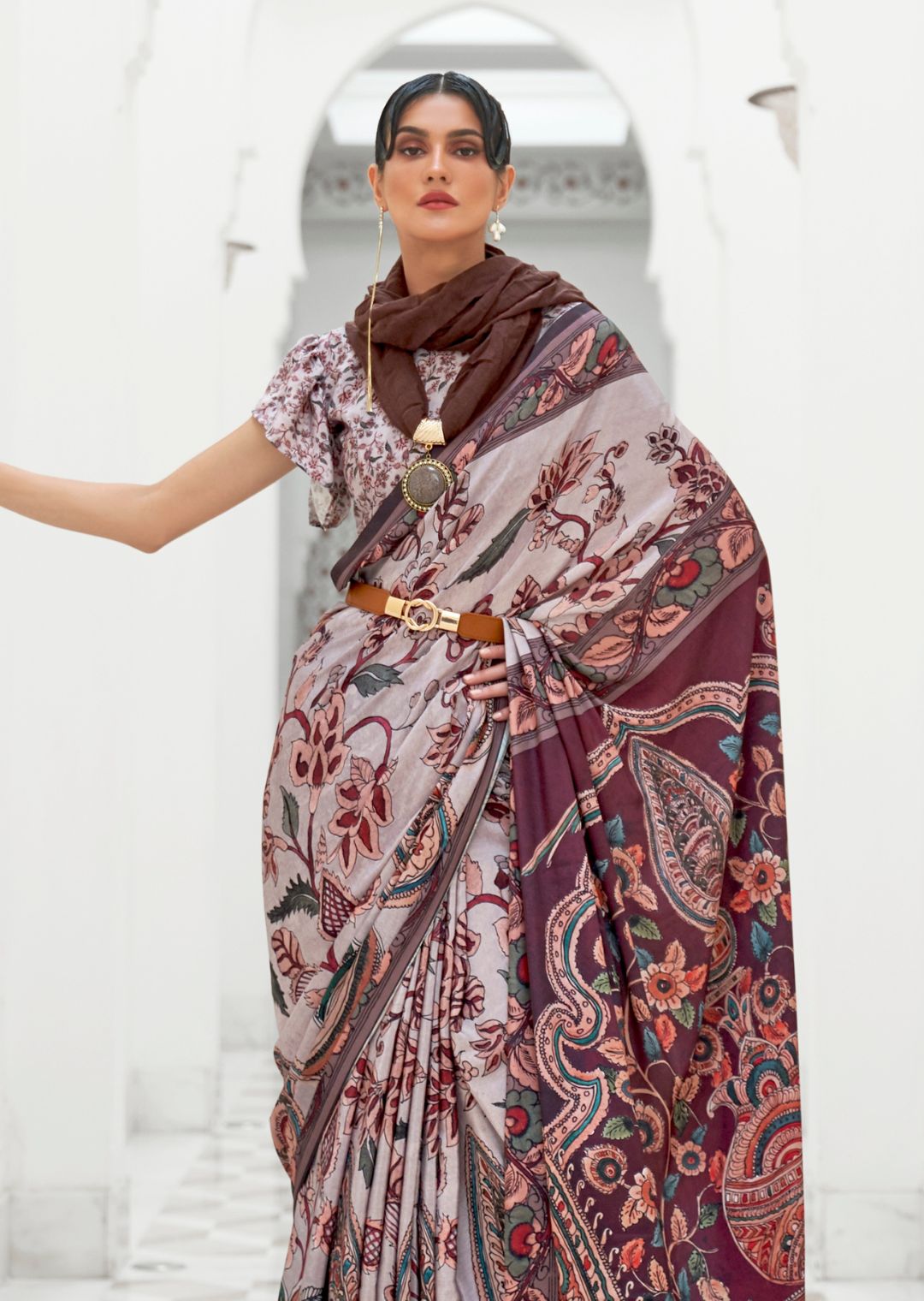 Cloud Gray Kalamkari Printed Pure Crepe Silk Saree