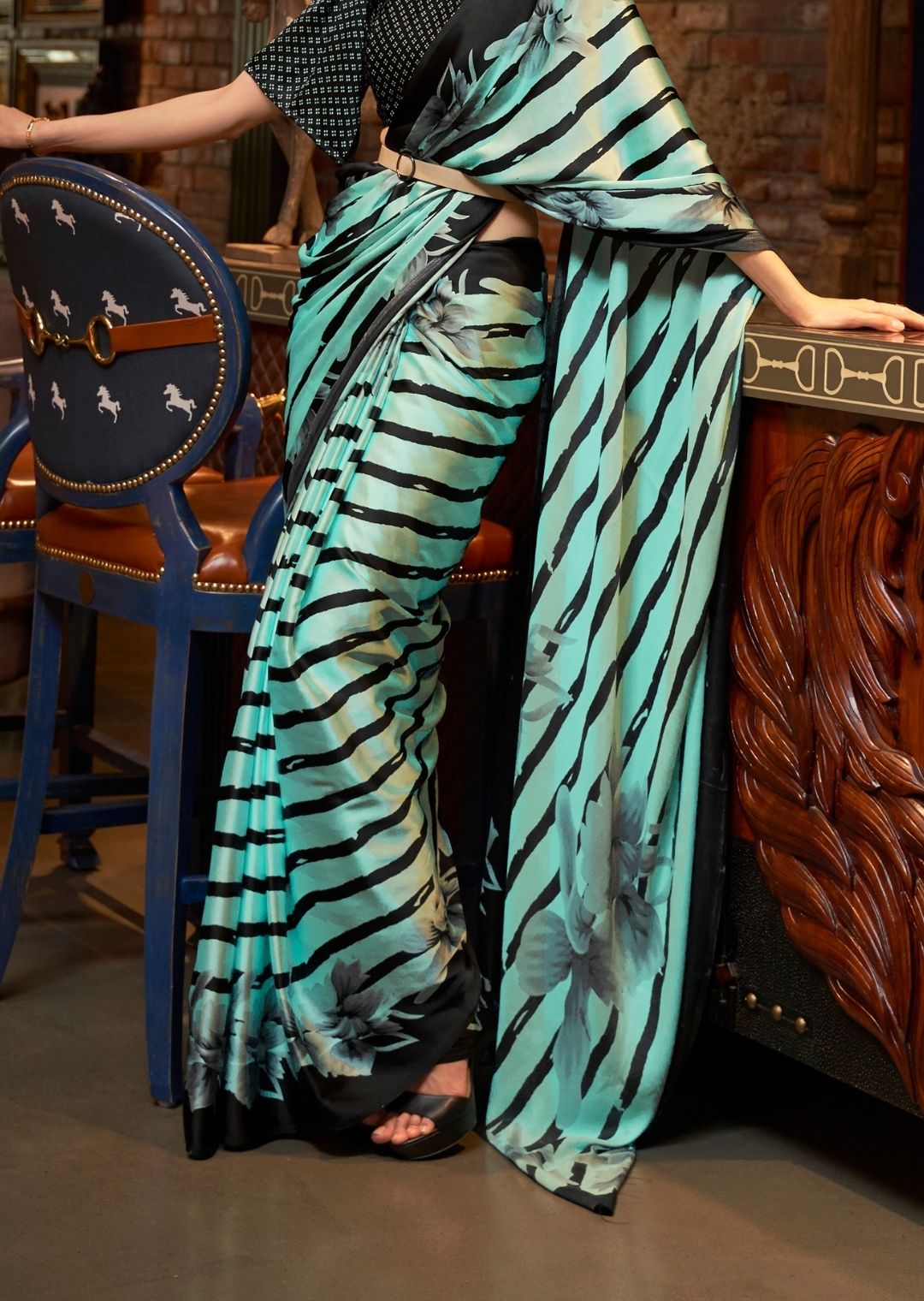 Turquoise Green Digital Printed Satin Crepe Silk Saree