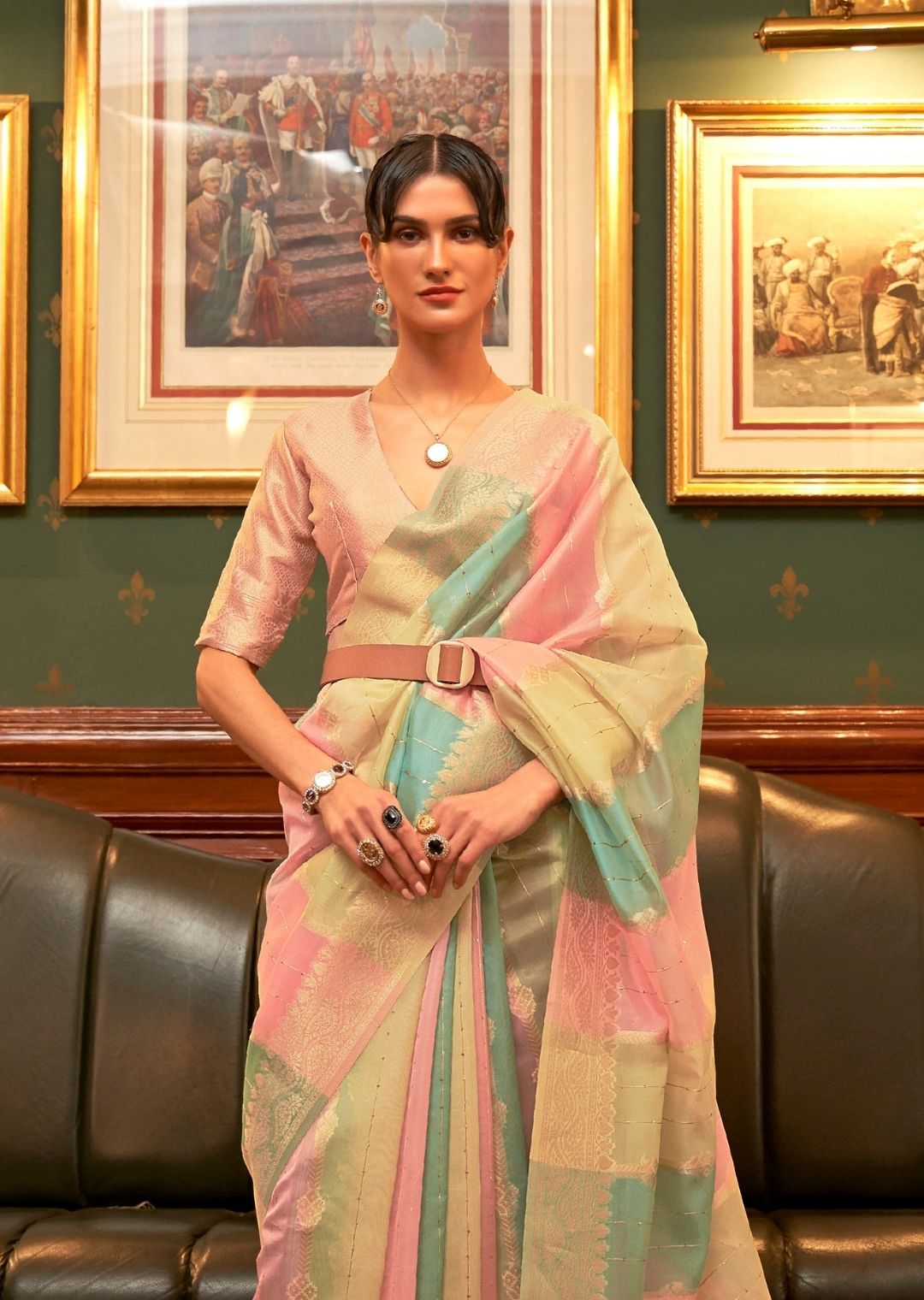 Cream & Pink Zari Woven Pure Handloom Organza Silk Saree With Sequins Work