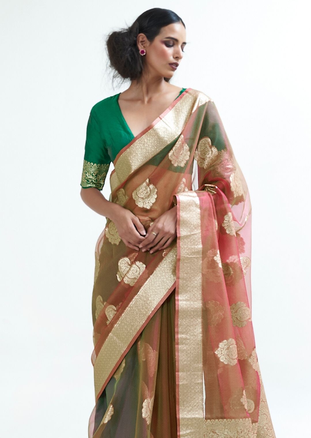 Golden Tawny Brown Hand Woven Organza Silk Saree