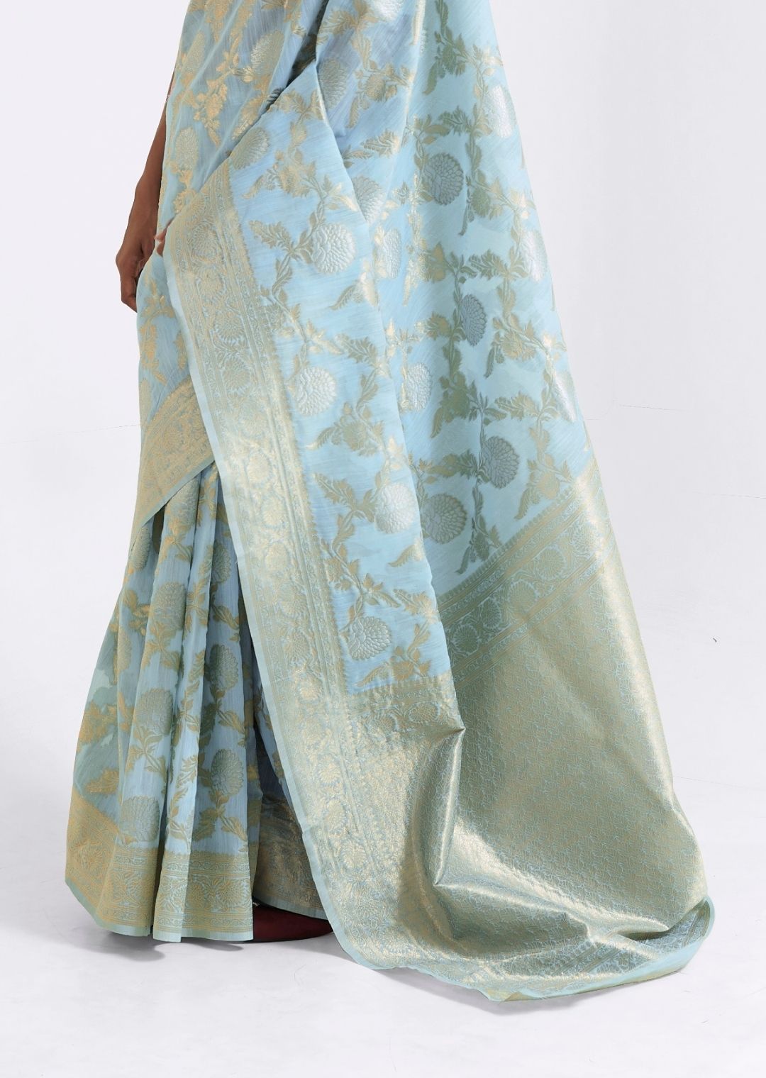 Light Sky Blue Zari Woven Pure Handloom Linen Saree