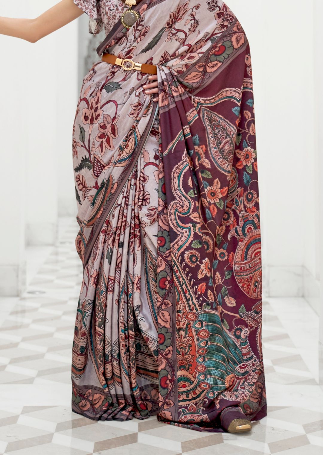 Cloud Gray Kalamkari Printed Pure Crepe Silk Saree