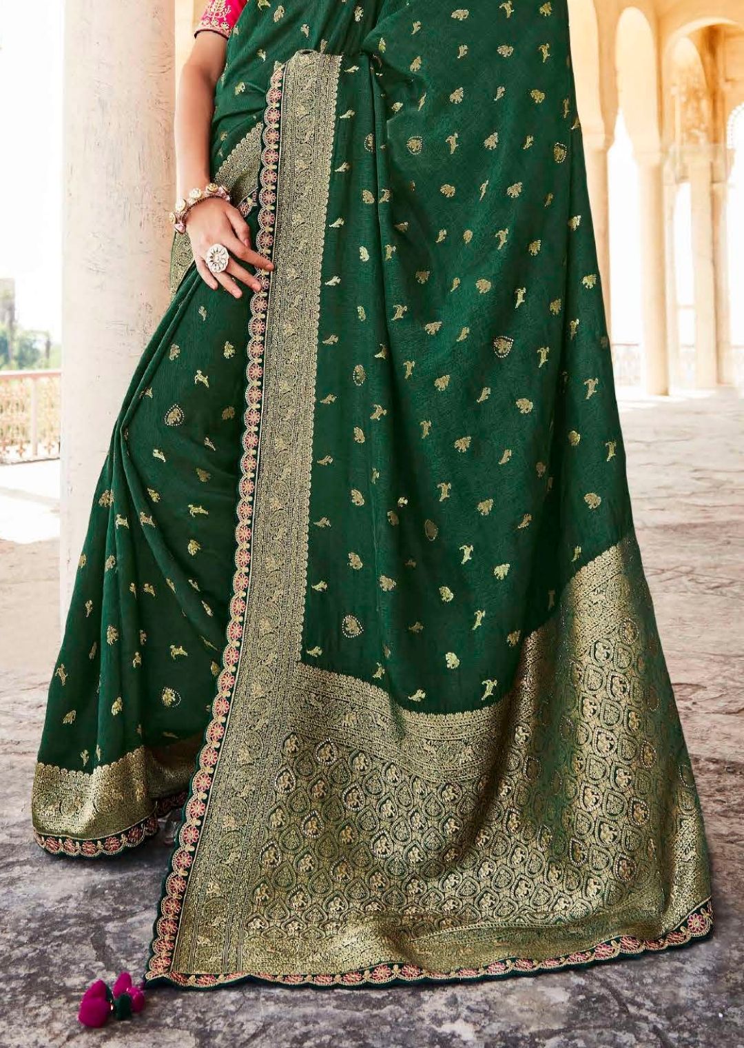 Bottle Green Woven Exclusive Designer Banarasi Silk Saree With Embroidered Silk Blouse