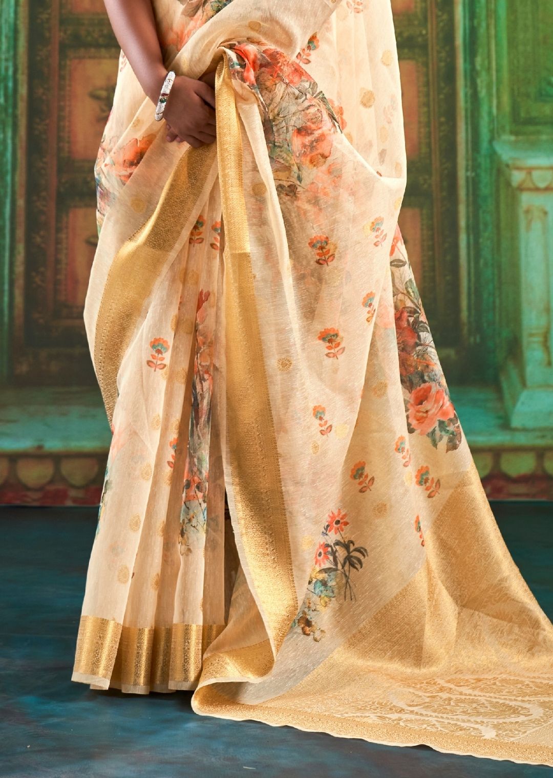 Light Corn Silk Yellow Zari Woven Pure Handloom Digital Linen Saree