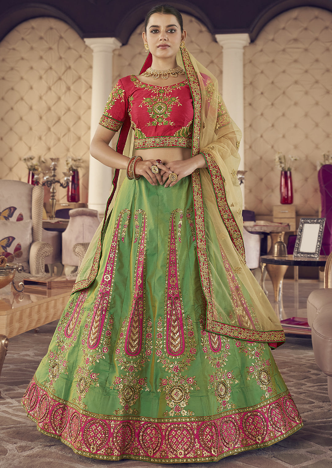 GREEN HEAVY EMBROIDERED DESIGNER LEHENGA