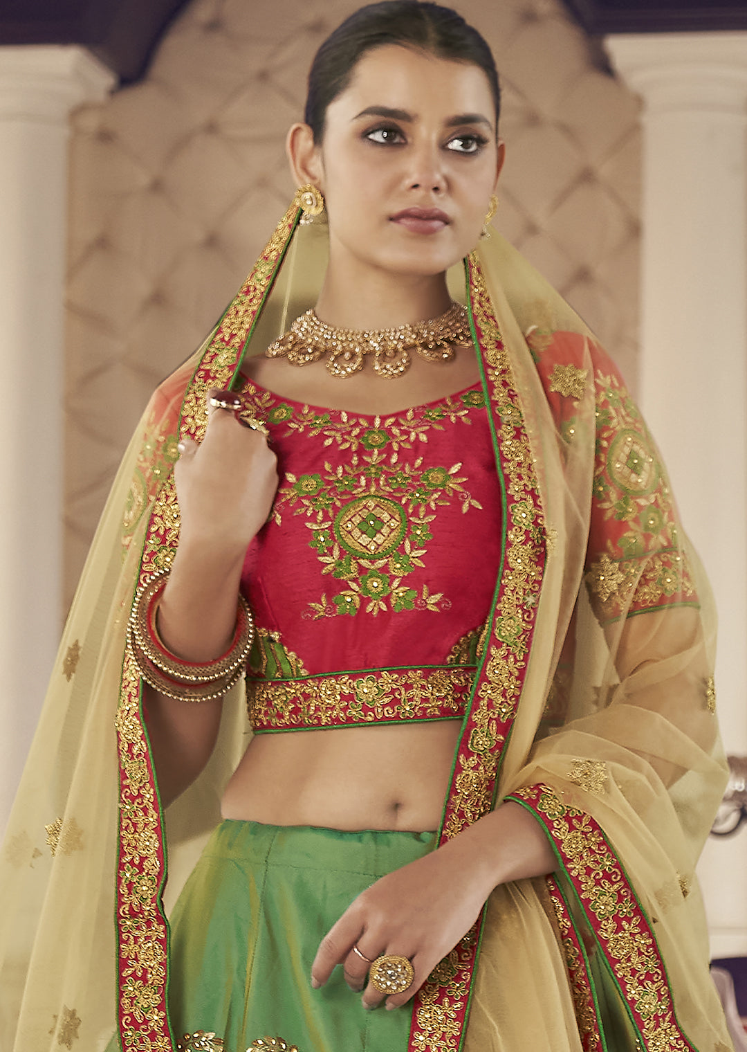 GREEN HEAVY EMBROIDERED DESIGNER LEHENGA