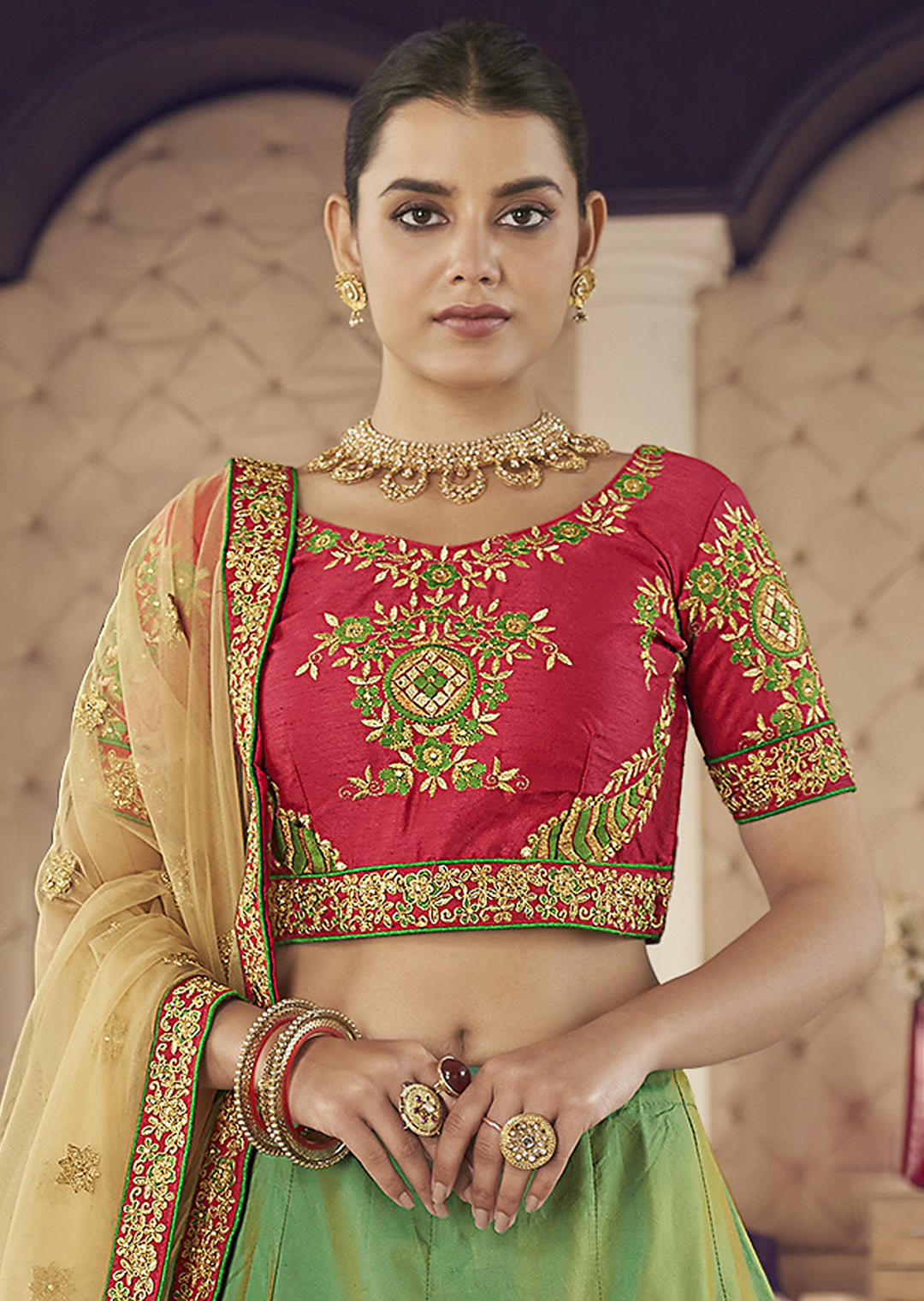 GREEN HEAVY EMBROIDERED DESIGNER LEHENGA