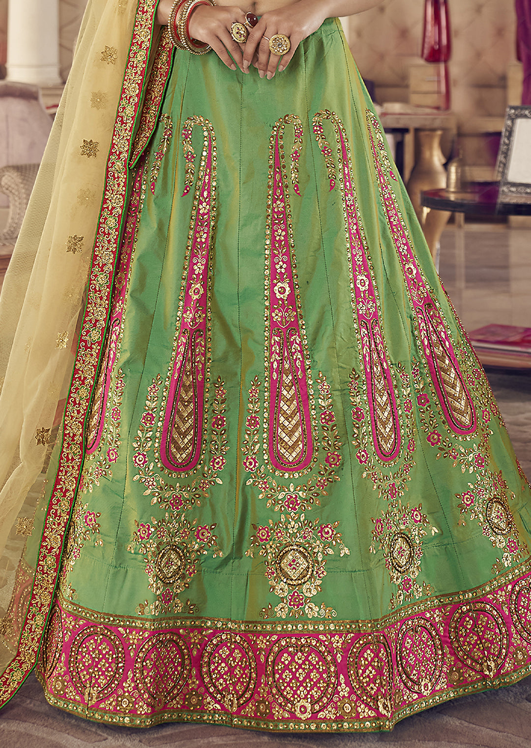 GREEN HEAVY EMBROIDERED DESIGNER LEHENGA