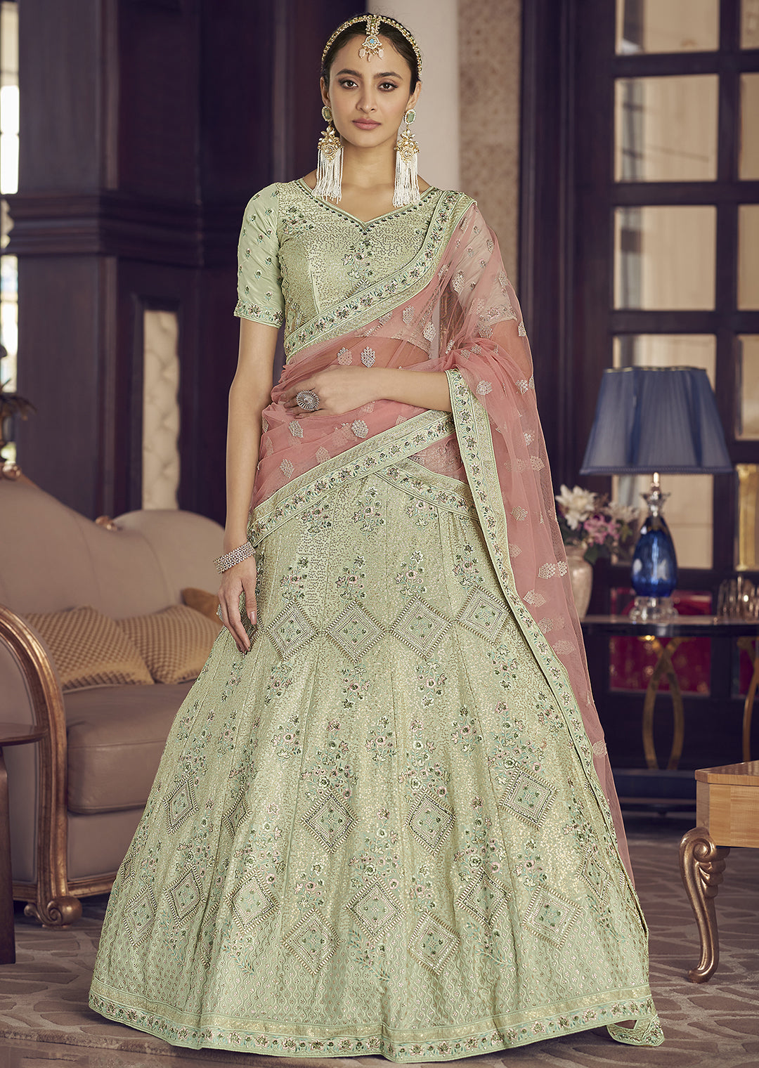 PISTACHIO HEAVY EMBROIDERED DESIGNER LEHENGA