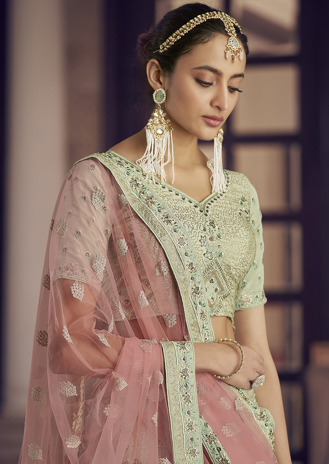PISTACHIO HEAVY EMBROIDERED DESIGNER LEHENGA