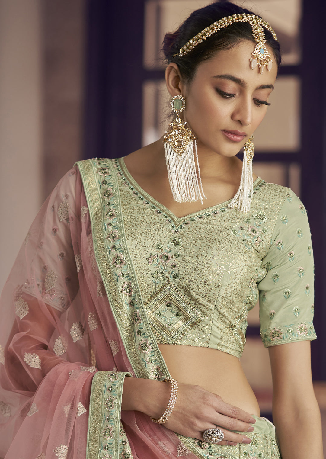 PISTACHIO HEAVY EMBROIDERED DESIGNER LEHENGA
