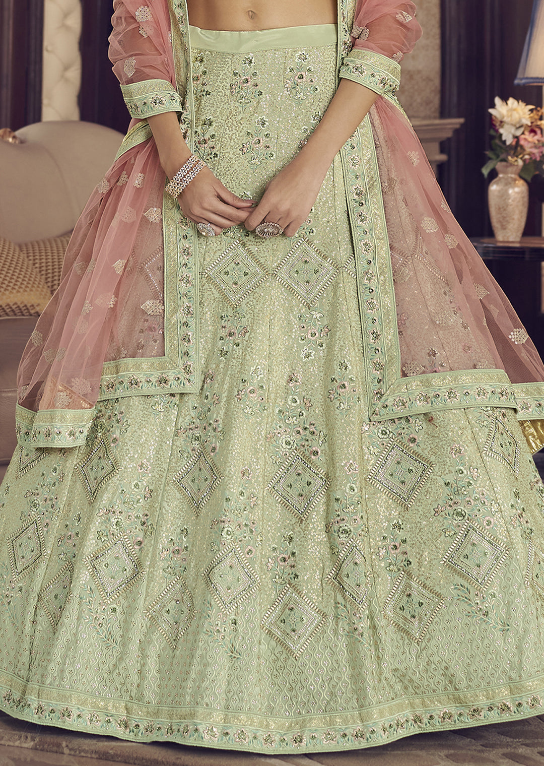 PISTACHIO HEAVY EMBROIDERED DESIGNER LEHENGA