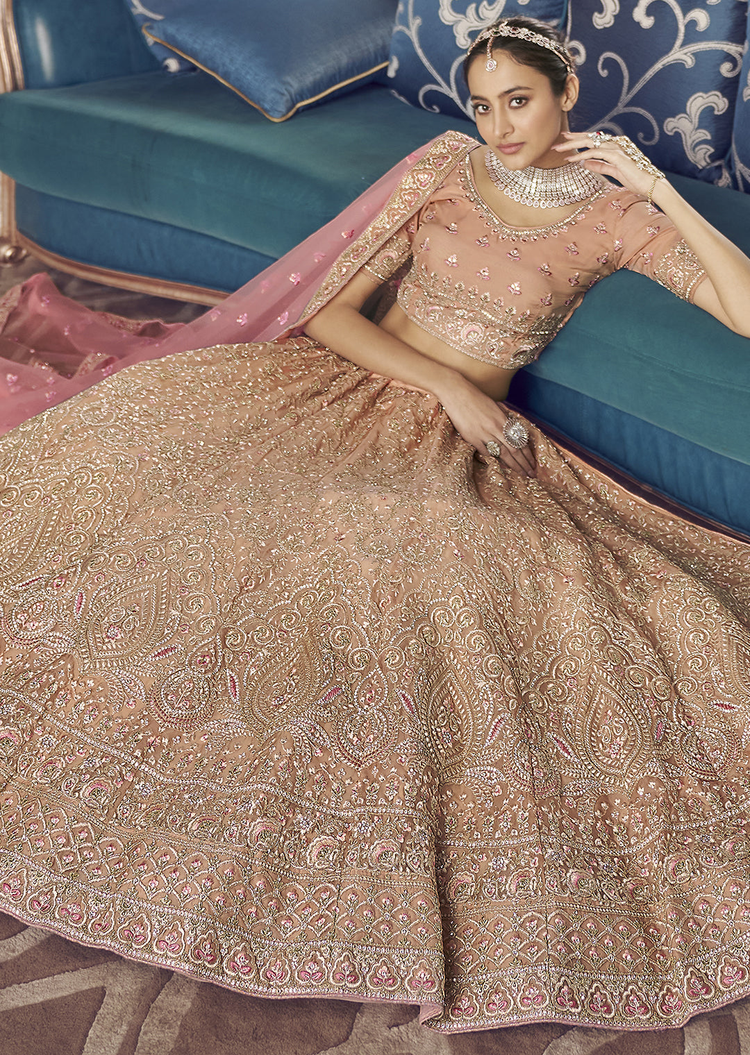 GOLDEN PEACH HEAVY EMBROIDERED DESIGNER LEHENGA