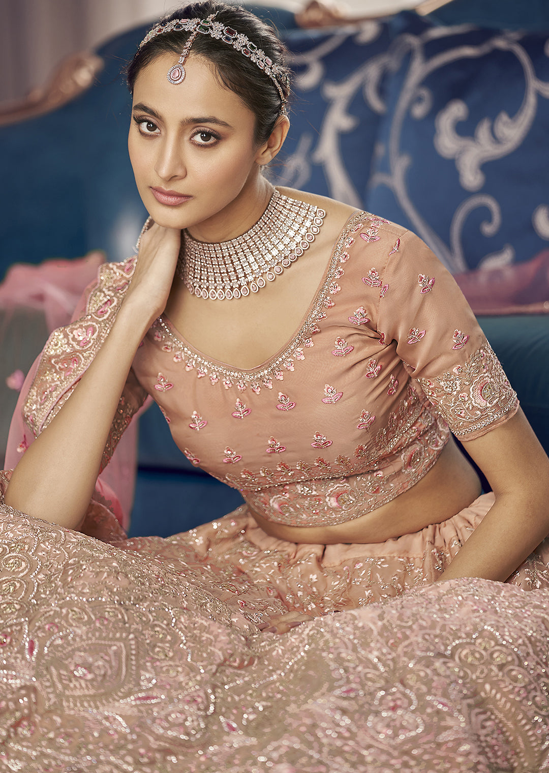 GOLDEN PEACH HEAVY EMBROIDERED DESIGNER LEHENGA
