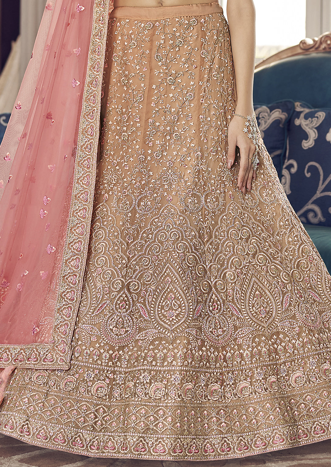 GOLDEN PEACH HEAVY EMBROIDERED DESIGNER LEHENGA