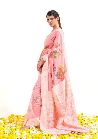Blossom Pink Hand Woven Lucknowi Cotton Saree