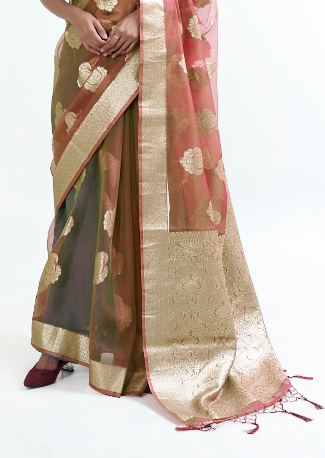 Golden Tawny Brown Hand Woven Organza Silk Saree