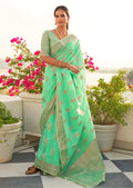 Aqua Marine Green Zari Woven Pure Handloom Linen Saree