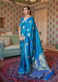 Turquoise Blue Woven Pure Satin Silk Saree