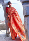 Golden Deep Orange Hand Woven Kanjivaram Silk Saree