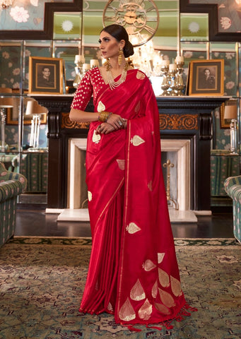 Red Woven Pure Satin Silk Saree