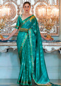 Turquoise Green Woven Handloom Zari Silk Saree