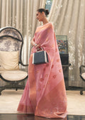 Flamingo Pink Zari Woven Pure Handloom Linen Saree