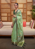 Pistachio Green Zari Woven Two Tone Pure Handloom Organza Silk Saree