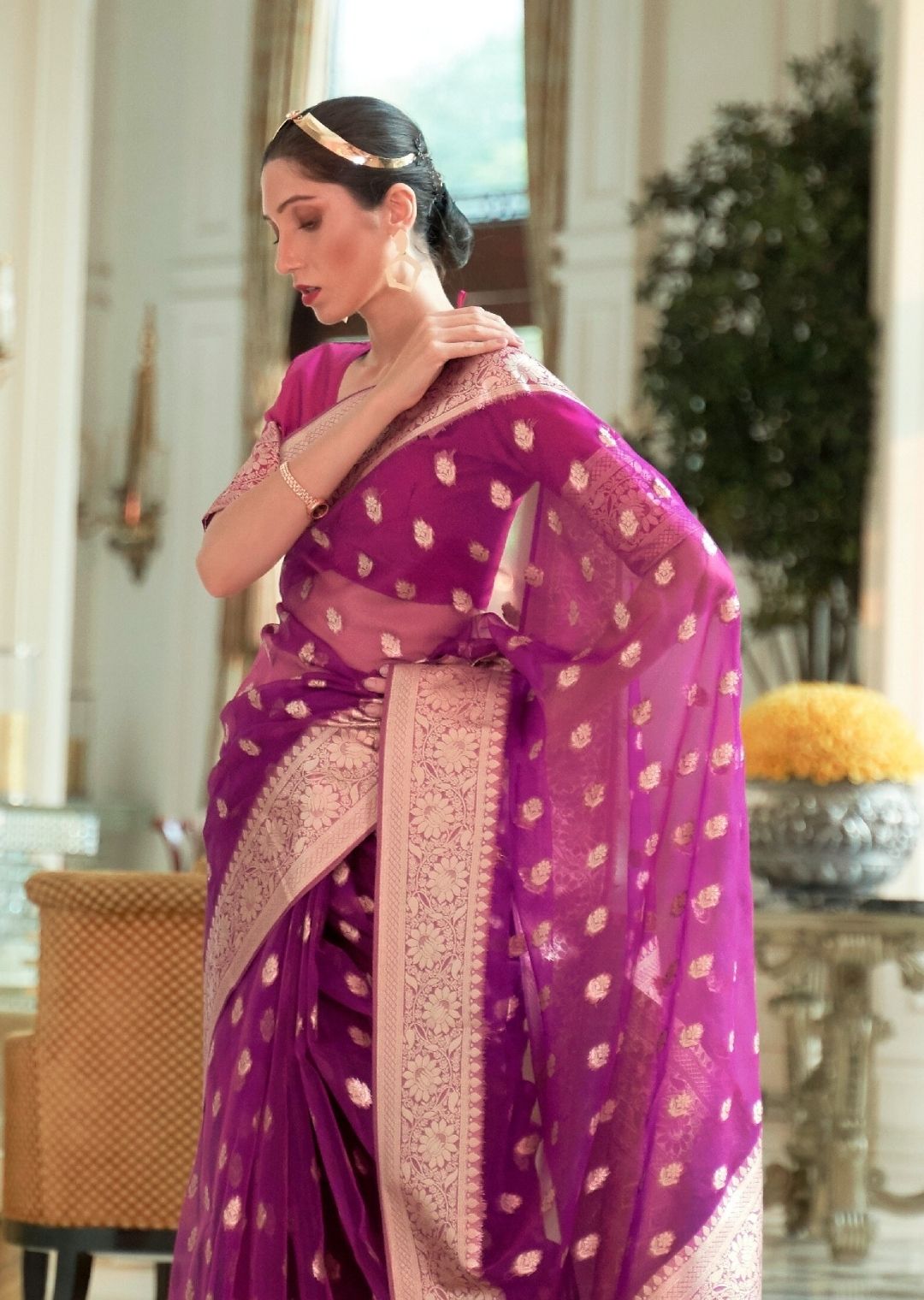 Plum Purple Hand Woven Organza Chanderi Silk Saree