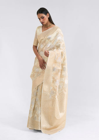 Ivory White Zari Woven Pure Handloom Linen Saree