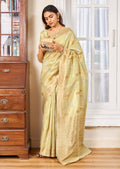 Golden Pista Green Zari Woven Pure Handloom Linen Silk Saree