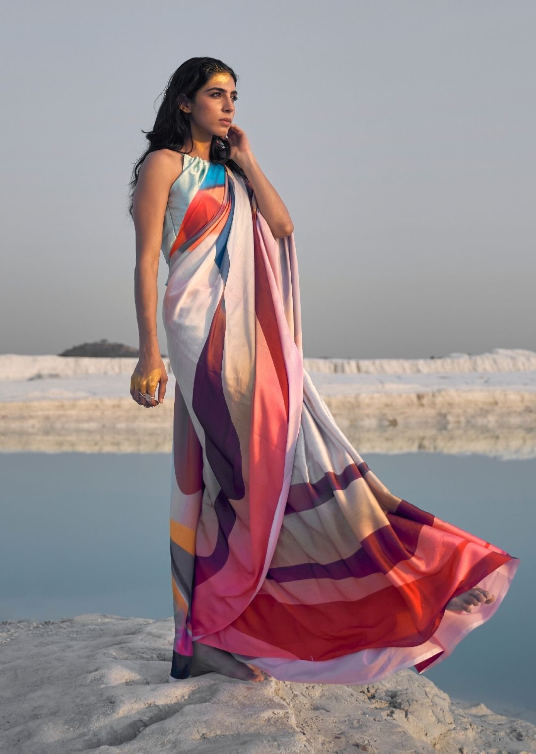 Multi Color Digital Printed Satin Crepe Saree