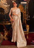 Sand Beige White Woven Pure Satin Silk Saree