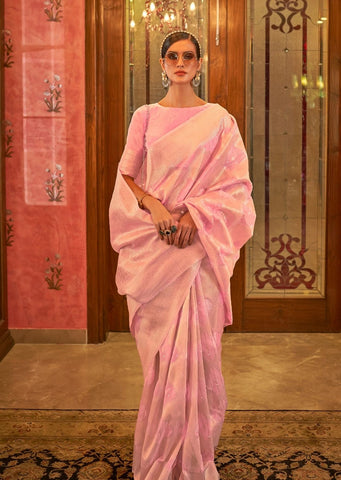 Golden Pastel Pink Zari Woven Pure Handloom Linen Saree