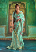 Turquoise Green Zari Woven Pure Handloom Digital Linen Saree