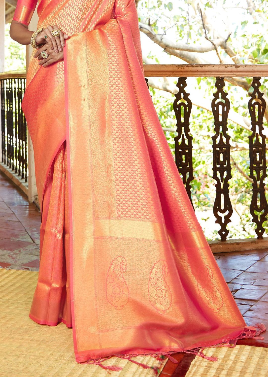 Rust Orange Hand Woven Kanjivaram Silk Saree