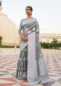 Light Steal Gray Zari Woven Pure Handloom Linen Saree