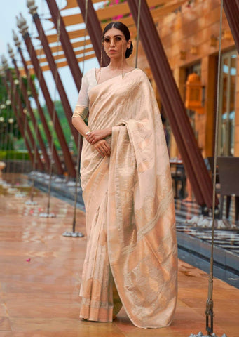 Pearl White Zari Woven Pure Handloom Linen Saree