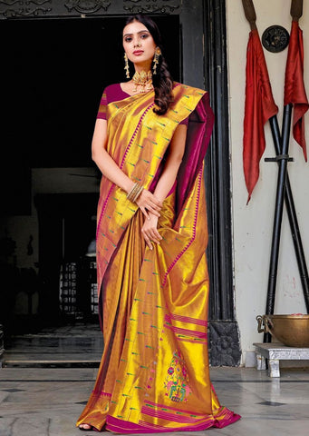 Golden Purple Woven Pure Kanjivaram Traditional Paithani Silk Saree