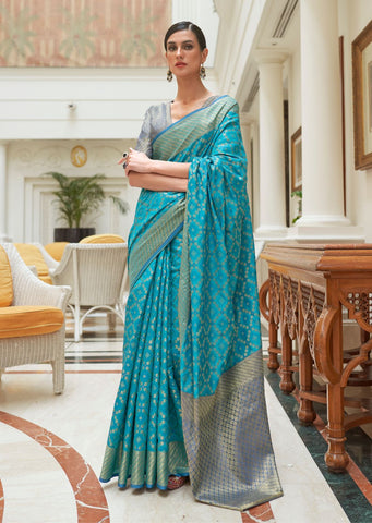 Deep Sky Blue Zari Woven Traditional Patola Silk Saree With Self Brocade Blouse