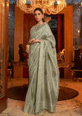 Moss Green Hand Woven Tussar Cotton Silk Saree With Sequins Work