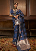 Yale Blue Woven Handloom Pure Tessar Zari Silk Saree